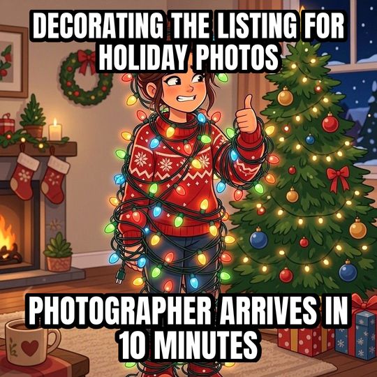 Tangled in Christmas Lights meme: Decorating the listing for holiday photos / Photographer arrives in 10 minutes
