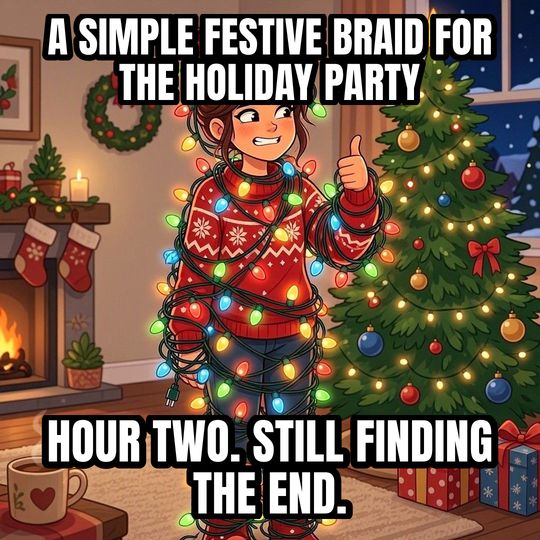 Tangled in Christmas Lights meme: A simple festive braid for the holiday party / Hour two. Still finding the end.