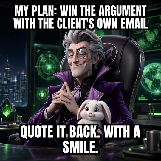 Evil Villain Plan meme: My plan: win the argument with the client's own email / Quote it back. With a smile.