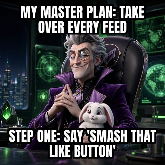 Evil Villain Plan meme: My master plan: take over every feed / Step one: say 'smash that like button'