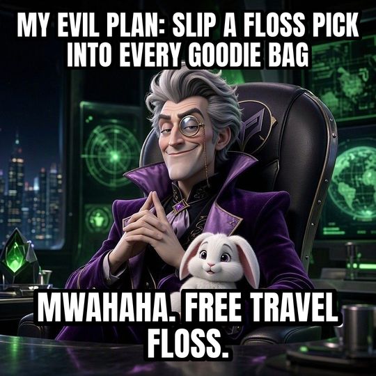 Evil Villain Plan meme: My evil plan: slip a floss pick into every goodie bag / Mwahaha. Free travel floss.