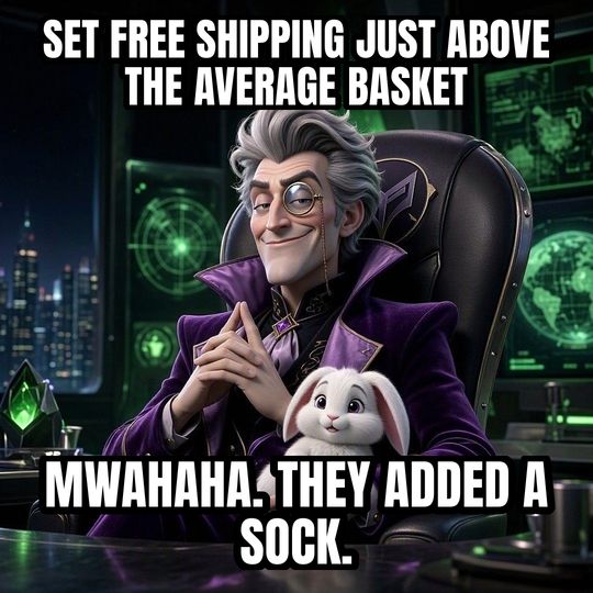 Evil Villain Plan meme: Set free shipping just above the average basket / Mwahaha. They added a sock.