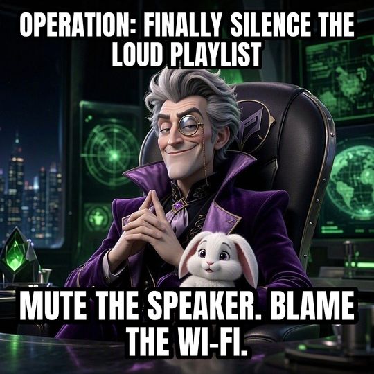 Evil Villain Plan meme: Operation: finally silence the loud playlist / Mute the speaker. Blame the Wi-Fi.