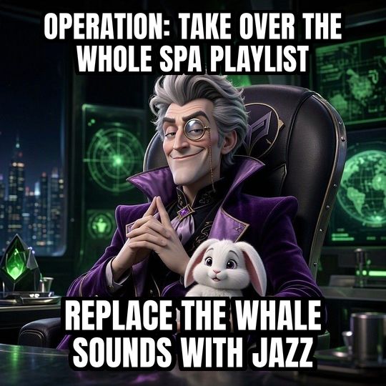Evil Villain Plan meme: Operation: take over the whole spa playlist / Replace the whale sounds with jazz