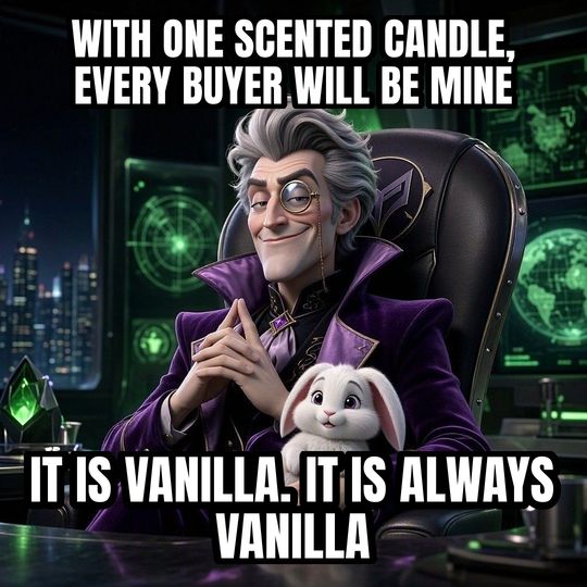 Evil Villain Plan meme: With one scented candle, every buyer will be mine / It is vanilla. It is always vanilla