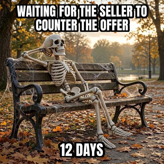Waiting Skeleton meme: Waiting for the seller to counter the offer / 12 days