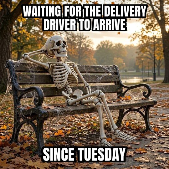 Waiting Skeleton meme: Waiting for the delivery driver to arrive / Since Tuesday