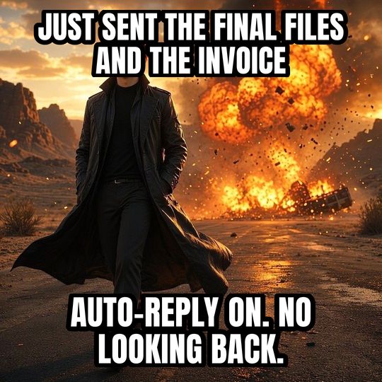 Walking Away From Explosion meme: Just sent the final files and the invoice / Auto-reply on. No looking back.