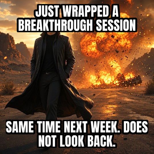 Walking Away From Explosion meme: Just wrapped a breakthrough session / Same time next week. Does not look back.