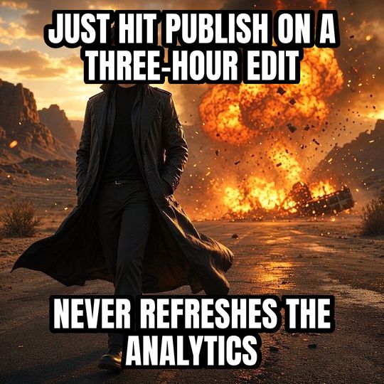 Walking Away From Explosion meme: Just hit publish on a three-hour edit / Never refreshes the analytics
