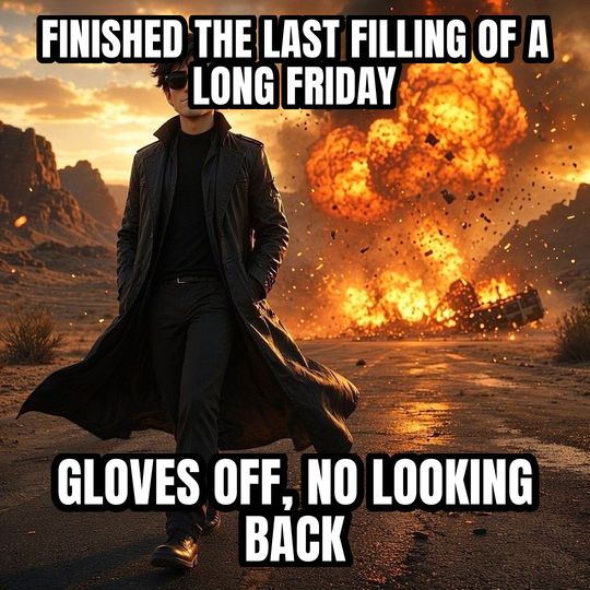 Walking Away From Explosion meme: Finished the last filling of a long Friday / Gloves off, no looking back