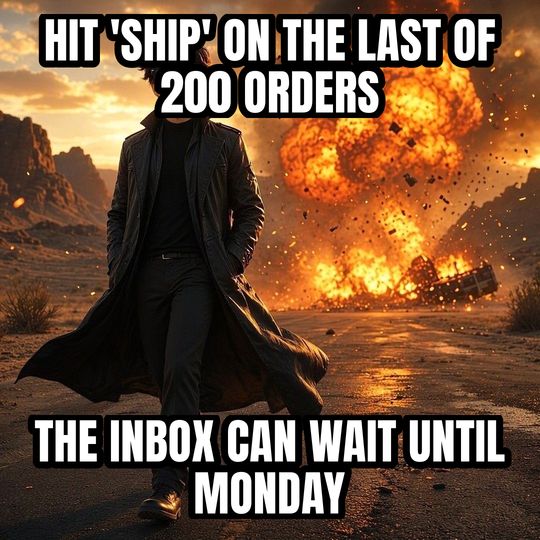 Walking Away From Explosion meme: Hit 'ship' on the last of 200 orders / The inbox can wait until Monday