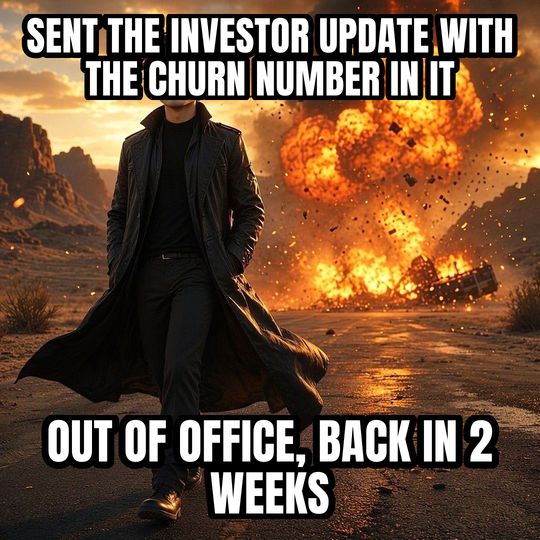 Walking Away From Explosion meme: Sent the investor update with the churn number in it / Out of office, back in 2 weeks