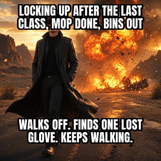 Walking Away From Explosion meme: Locking up after the last class, mop done, bins out / Walks off. Finds one lost glove. Keeps walking.