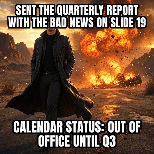 Walking Away From Explosion meme: Sent the quarterly report with the bad news on slide 19 / Calendar status: out of office until Q3