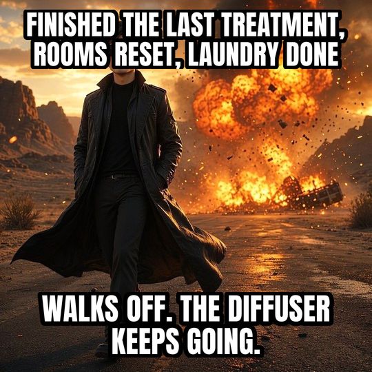 Walking Away From Explosion meme: Finished the last treatment, rooms reset, laundry done / Walks off. The diffuser keeps going.