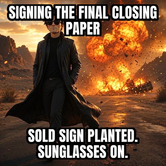 Walking Away From Explosion meme: Signing the final closing paper / Sold sign planted. Sunglasses on.