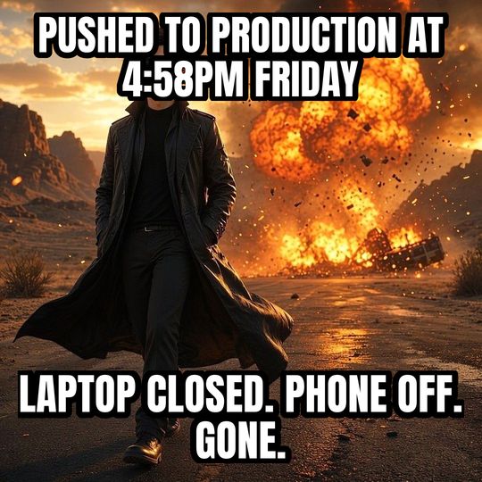 Walking Away From Explosion meme: Pushed to production at 4:58pm Friday / Laptop closed. Phone off. Gone.