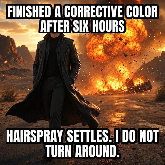 Walking Away From Explosion meme: Finished a corrective color after six hours / Hairspray settles. I do not turn around.