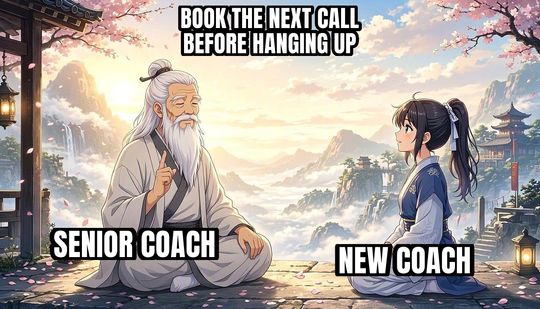 Wise Old Master meme: Senior coach / New coach / Book the next call before hanging up