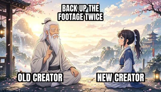 Wise Old Master meme: Old creator / New creator / Back up the footage twice