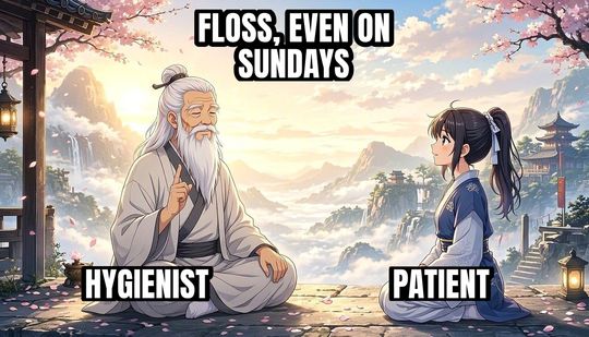 Wise Old Master meme: Hygienist / Patient / Floss, even on Sundays