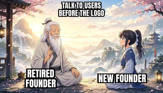 Wise Old Master meme: Retired founder / New founder / Talk to users before the logo