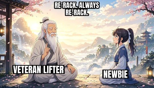 Wise Old Master meme: Veteran lifter / Newbie / Re-rack. Always re-rack.
