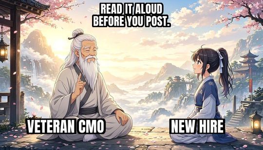 Wise Old Master meme: Veteran CMO / New hire / Read it aloud before you post.