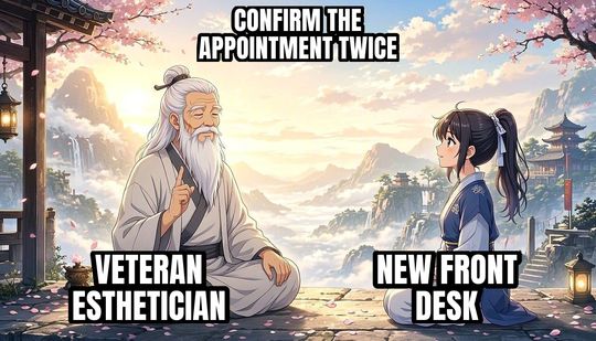 Wise Old Master meme: Veteran esthetician / New front desk / Confirm the appointment twice