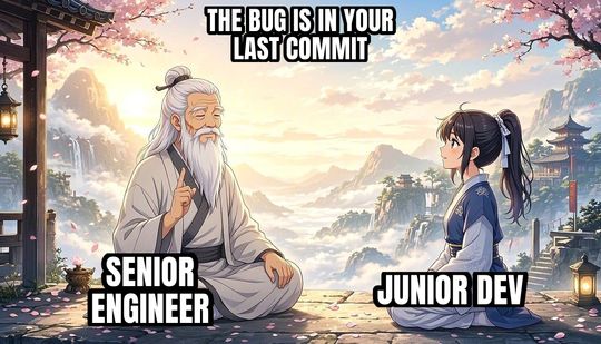 Wise Old Master meme: Senior engineer / Junior dev / The bug is in your last commit