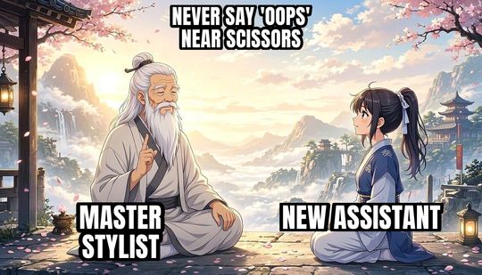 Wise Old Master meme: Master stylist / New assistant / Never say 'oops' near scissors