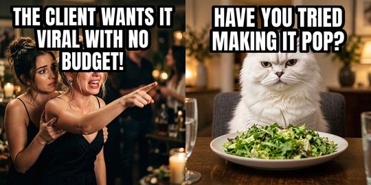 Woman Yelling at Cat meme: THE CLIENT WANTS IT VIRAL WITH NO BUDGET! / Have you tried making it pop?