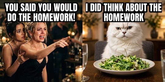 Woman Yelling at Cat meme: You said you would do the homework! / I did think about the homework