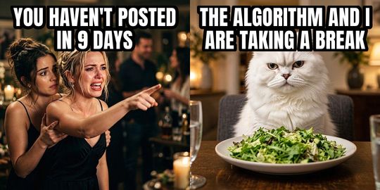 Woman Yelling at Cat meme: YOU HAVEN'T POSTED IN 9 DAYS / The algorithm and I are taking a break