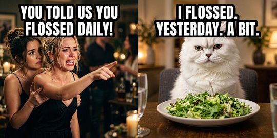 Woman Yelling at Cat meme: You told us you flossed daily! / I flossed. Yesterday. A bit.
