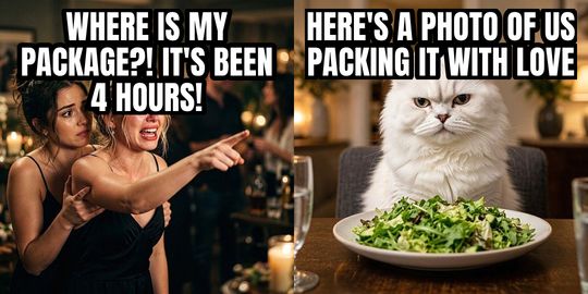 Woman Yelling at Cat meme: WHERE IS MY PACKAGE?! IT'S BEEN 4 HOURS! / Here's a photo of us packing it with love