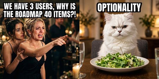 Woman Yelling at Cat meme: WE HAVE 3 USERS, WHY IS THE ROADMAP 40 ITEMS?! / Optionality
