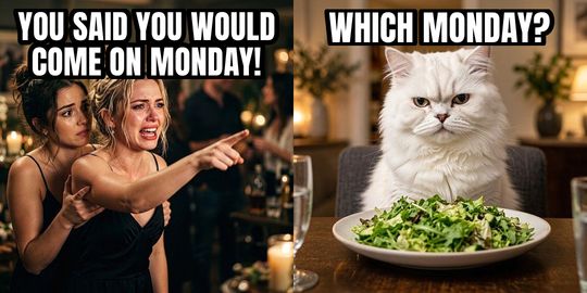 Woman Yelling at Cat meme: You said you would come on Monday! / Which Monday?