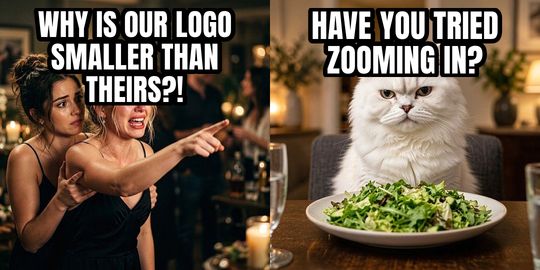 Woman Yelling at Cat meme: WHY IS OUR LOGO SMALLER THAN THEIRS?! / Have you tried zooming in?