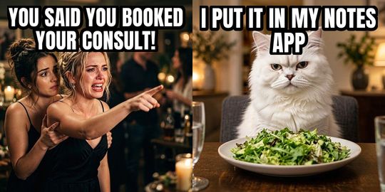Woman Yelling at Cat meme: You said you booked your consult! / I put it in my notes app