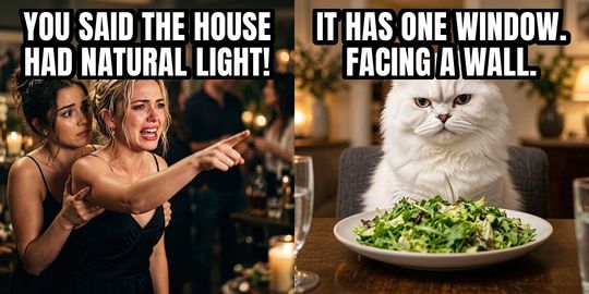 Woman Yelling at Cat meme: You said the house had natural light! / It has one window. Facing a wall.
