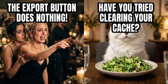 Woman Yelling at Cat meme: THE EXPORT BUTTON DOES NOTHING! / Have you tried clearing your cache?