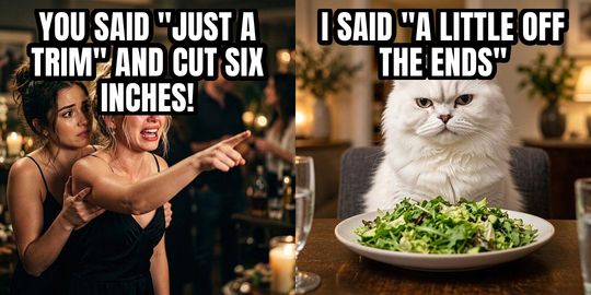 Woman Yelling at Cat meme: You said "just a trim" and cut six inches! / I said "a little off the ends"
