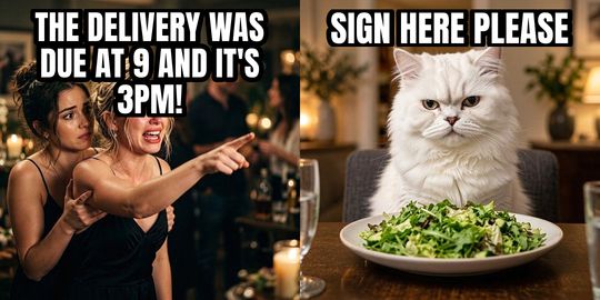 Woman Yelling at Cat meme: THE DELIVERY WAS DUE AT 9 AND IT'S 3PM! / Sign here please